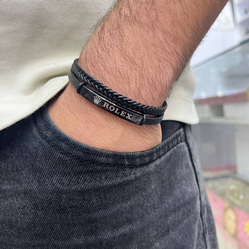 دستبند مردانه چرم دو لاین